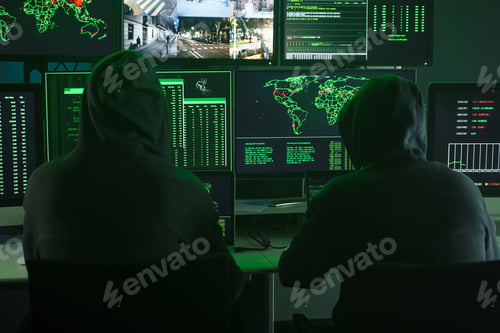 Preview: Team of Computer hackers coding on keyboard hidden in illegal hideout full of monitors