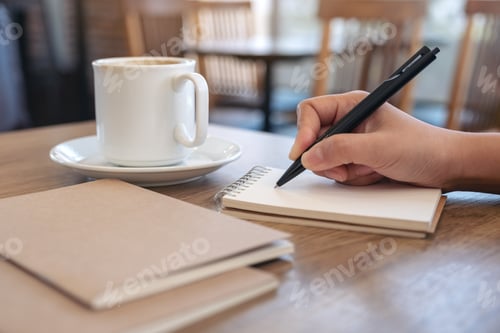 Preview: Closeup image of a hand writing on blank notebook with coffee cup on table in cafe