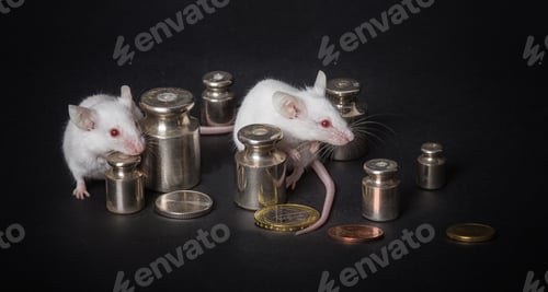 Preview: two white laboratory mice with weights and coins on a gray background.