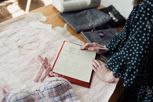 Preview: Fashion designer sketching a garment on pattern paper