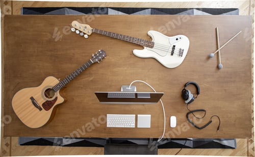 Preview: Top view of musician in the process of recording music in the studio.