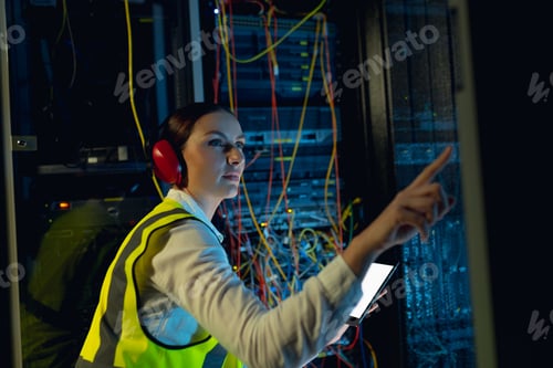 Preview: Caucasian female engineer using digital tablet while inspecting in computer server room