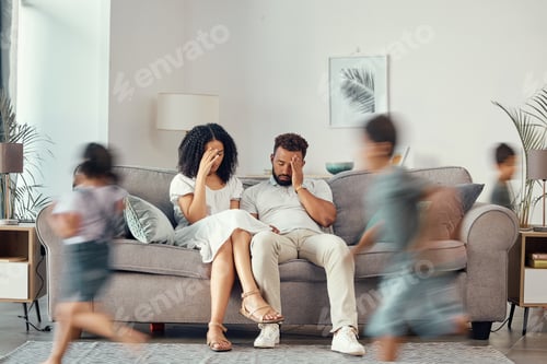 Preview: Stress, couple and family with adhd children running fast in house living room or home interior. Ma