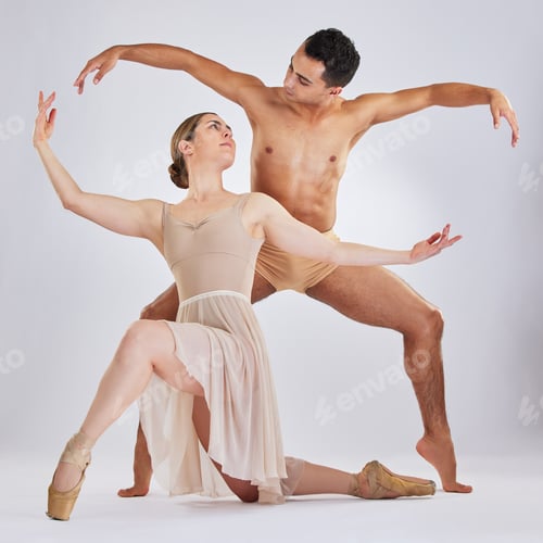Preview: Studio shot of a young man and woman performing a ballet recital against a grey background