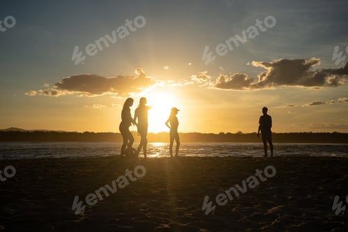 Preview: Silhouette of Family Playing on the Beach at Sunset