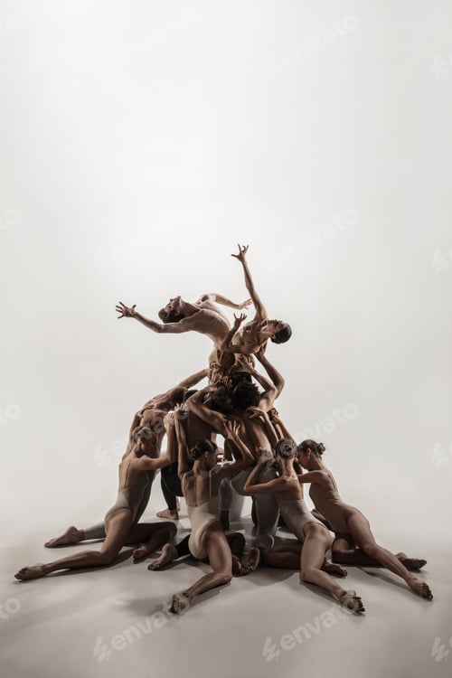 Preview: The group of modern ballet dancers. Contemporary art ballet. Young flexible athletic men and women