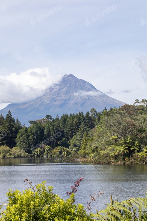 Preview: Mount Taranaki volcano landscape with forest and lake New Zealand scenic travel destination