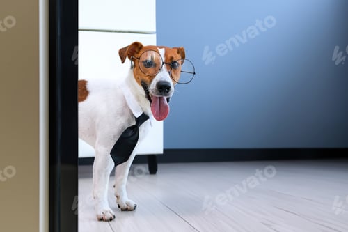 Preview: Dog jack russell terrier in glasses and a tie sits at a desk