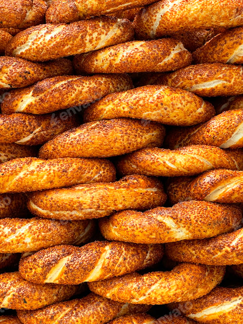 Preview: Traditional Turkish simits, close view, texture, background, Istanbul
