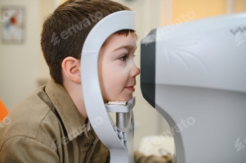 Preview: Boy undergoing eyesight examination with autorefractor in ophthalmology clinic