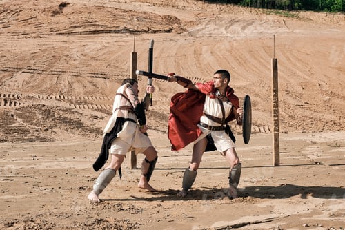 Preview: A Concept Photo Of A Roman Battle Of Two Warriors Of The Colosseum In Action With Aggressive