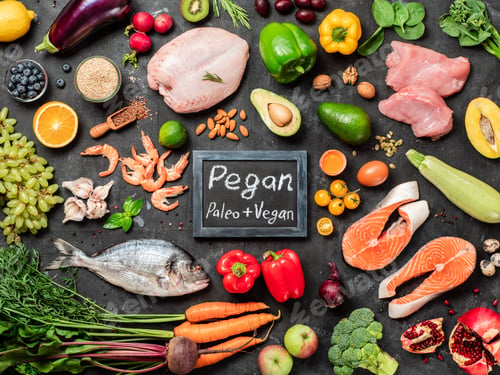Preview: Pegan diet concept. Paleo plus vegan food ingredients