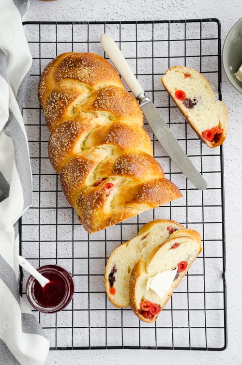 Preview: Easter bread with raisins, dried cherries with jam and butter. Cozonac - Bulgarian Easter bread