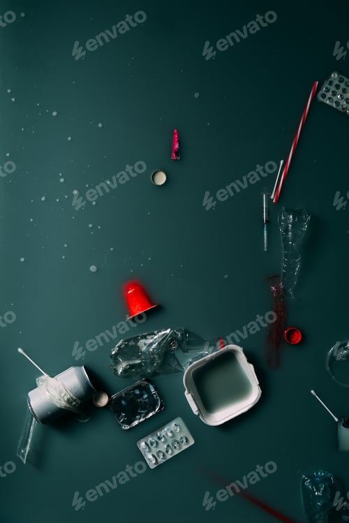 Preview: top view of garbage flowing in water, ecology protection and recycle concept