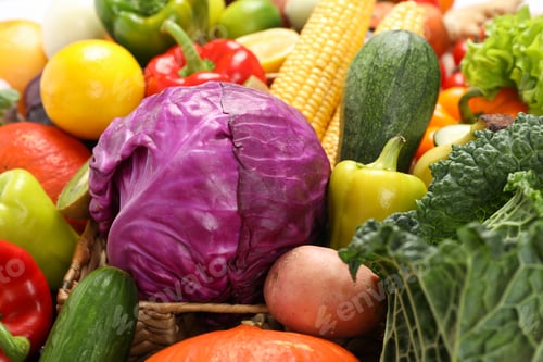 Preview: Vegetables and fruits texture on whole background, close up