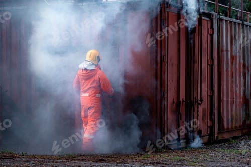 Preview: Fireman wearing firefighting suite using fire extinguisher fighting fire equipment and accessories i