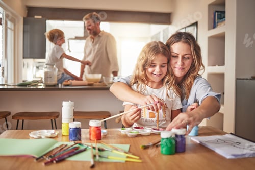 Preview: Family home, painting and cooking with mother, father and children learning, creative development a