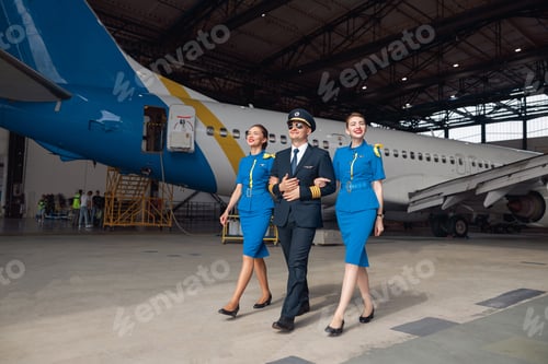 Preview: Pilot in uniform and aviator sunglasses walking together with two air stewardesses