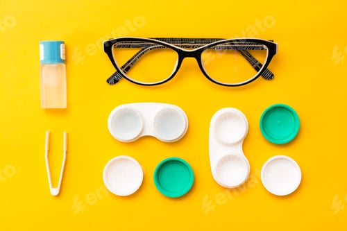 Preview: Accessories for storing lenses: a bottle of liquid, open containers and tweezers, glasses