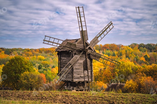 Preview: Old Wooden Windmill in Autumn Countryside Landscape