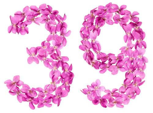 Preview: Arabic numeral 39, thirty nine, from flowers of viola, isolated on white background