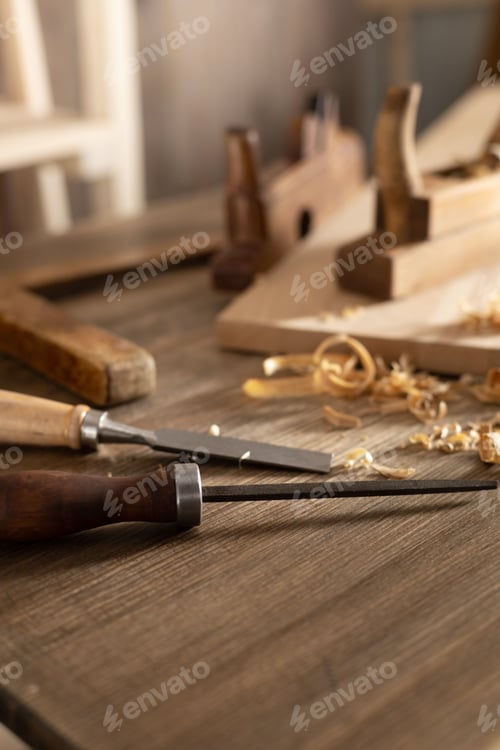 Preview: Woodworking tools on wooden table. Wood working or joiner tool