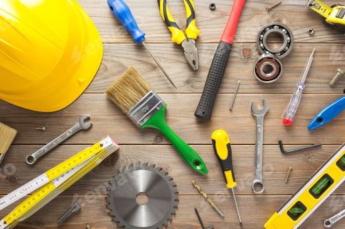 Preview: set of tools and instruments at wooden background