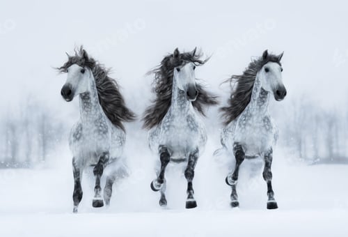 Preview: Three gray long-maned Spanish horses run gallop across snowy field.