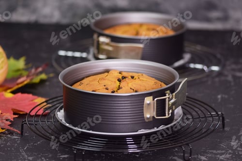 Preview: Freshly baked biscuit cake with chocolate chips close-up on the table.
