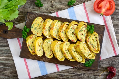 Preview: Omelette, egg roll with vegetables and herbs