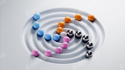 Preview: Colorful spheres rolling towards center of concentric circles, abstract concept