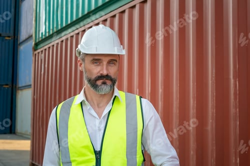 Preview: foreman checking containers in the terminal, at import and export business logistic company.