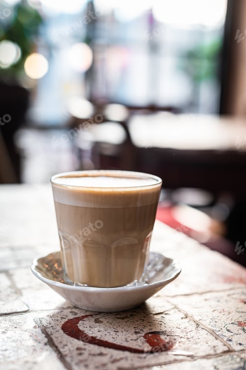 Preview: Latte white coffee cup with heart shape art in cafe. Top view