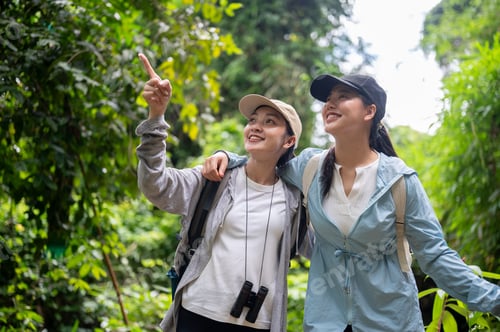 Preview: Backpacker tourist woman friends with binoculars looking pointing while hiking or trekking in forest