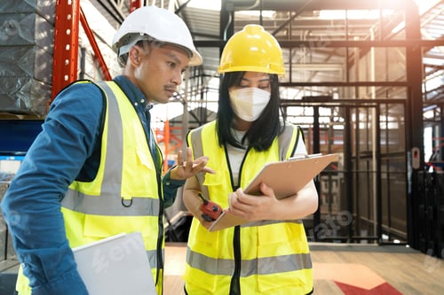 Preview: Professional adult Asian male warehouse manager and female worker are working together, checking