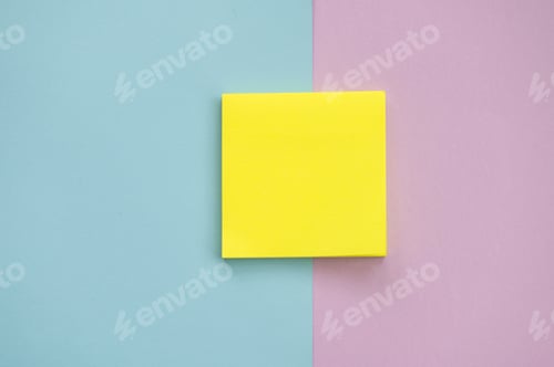 Preview: Top view of yellow sheets stickers on a blue and purple background Mockup with a notebook