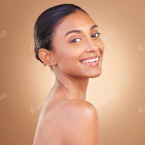 Preview: Skincare, beauty and portrait of Indian woman with smile for wellness, healthy skin and facial trea