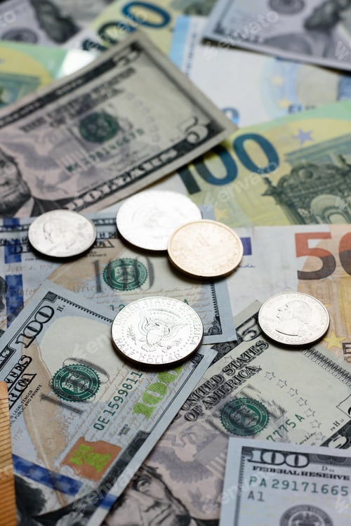 Preview: Euro and dollar banknotes, exchange, sales, economic tariffs and taxes. Euros and dollars