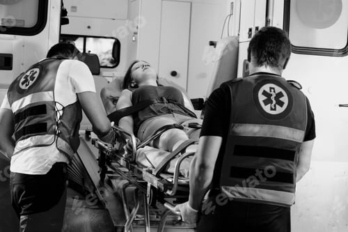 Preview: Black and white photo of female young victim of the accident lies on a stretcher in an ambulance