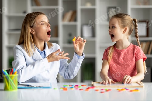 Preview: Effective Speech Therapy. Therapist Lady Having Lesson With Cute Little Girl