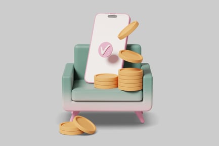 Preview: Cartoon illustration of a cell phone and coins on a chair.