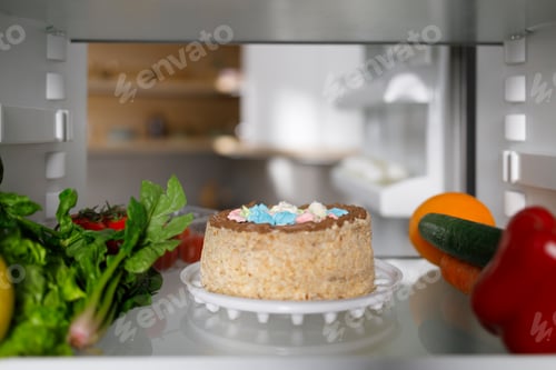 Preview: Delicious cake and vegetables on the fridge shelf