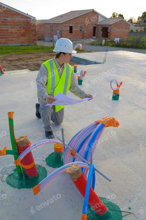 Preview: Professional Engineer Architect Worker With Protective Helmet And Blueprints Paper At House