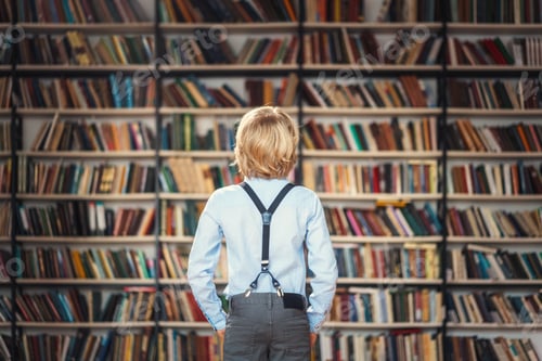 Young Student with Bookshelf Backdrop for Learning