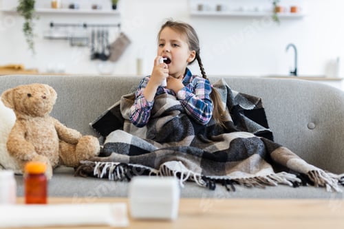 Preview: Sick girl using throat spray at home