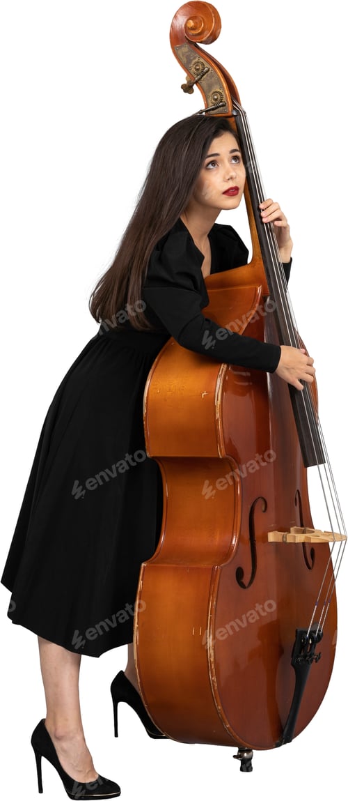 Preview: a woman in a black dress holding a cello