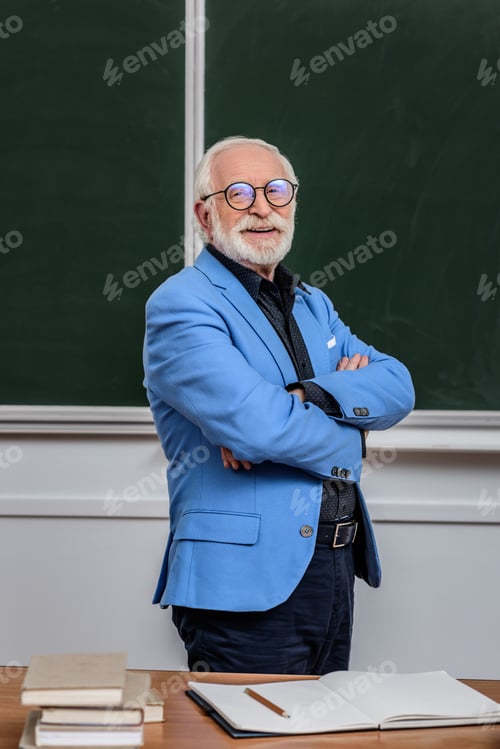Preview: smiling grey hair professor standing with crossed arms