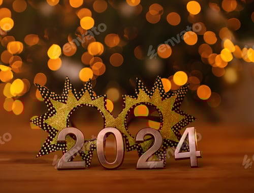 Visualização: Holiday Mask and numbers 2024 on bokeh background. New Year, Christmas concept.