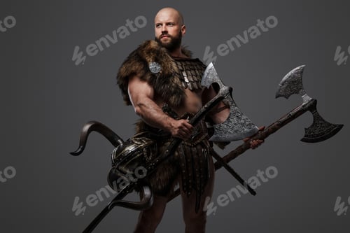 Preview: Viking man in a beard and bald head against a gray background