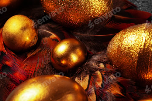 Preview: Golden Easter eggs on red bird feathers close up